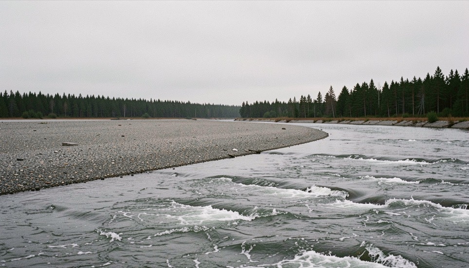 Cold grey water moving through a wide gravel bar, a low spruce line on the far bank under a flat overcast sky, no boat and no person in frame