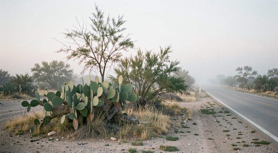 Dawn mist standing over a flat of mesquite and prickly pear, a caliche county road running north out of frame under a wide pale sky