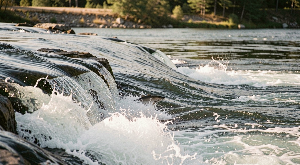 First light on a fast bend of a wide northern river, spray off a rocky lip, one dark fish shape holding below the white water