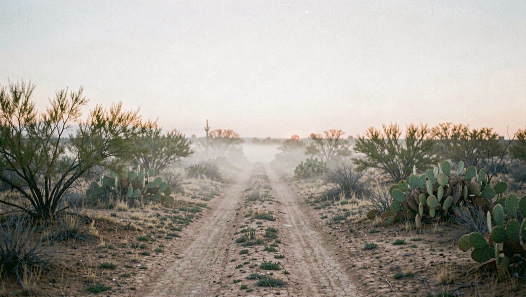 Wide flat of low mesquite and prickly pear under a pale dawn sky, a caliche two track running away from the camera, ground mist standing in the low places