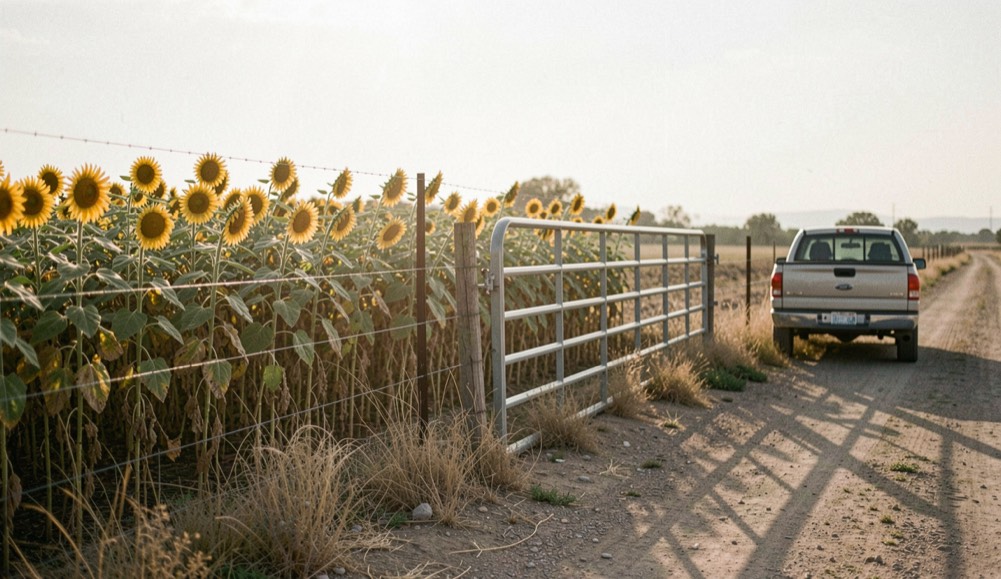 A wire fence line and a closed steel gate at the edge of a dry sunflower field at first light, a pickup truck parked on the caliche road behind, long morning shadows