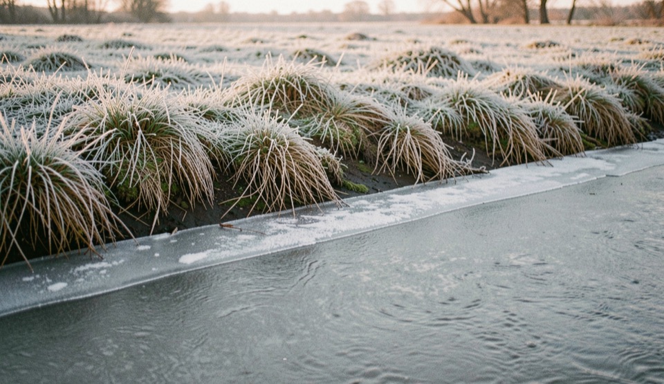 Frost on the grass at the top of a river bank at dawn, the river below holding a flat grey colour under a thin glaze of ice at its edge
