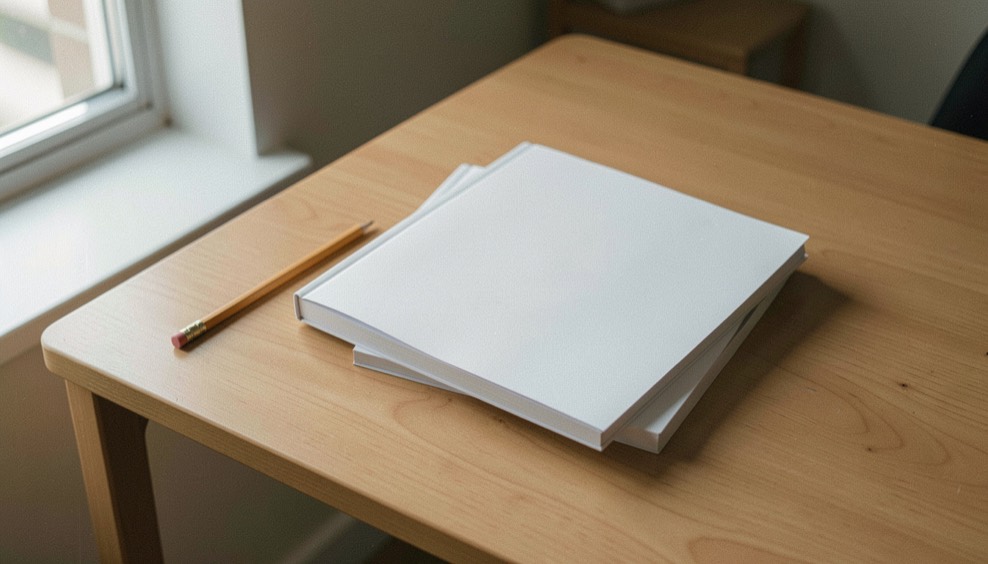 Two paper regulation booklets stacked square on a plain wooden table beside a pencil, flat window light from the left, no text legible