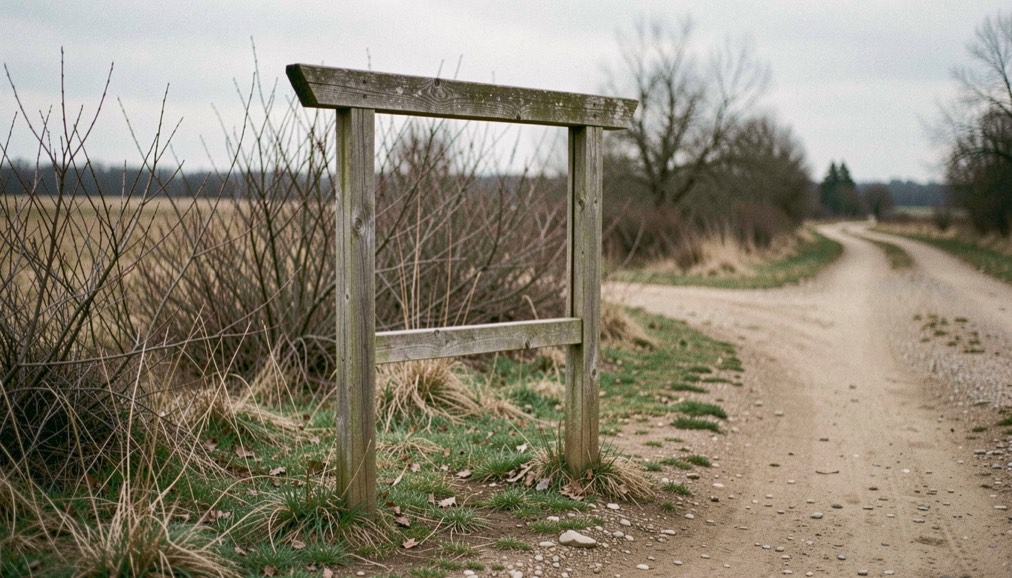A weathered empty wooden signpost frame at the edge of a dirt track, board missing, brush behind it, overcast afternoon light