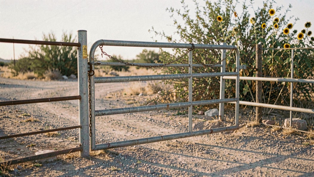 A steel pipe ranch gate standing open on a caliche road at first light, chain hanging loose from the post, low mesquite and sunflower stalks behind it, long shadows