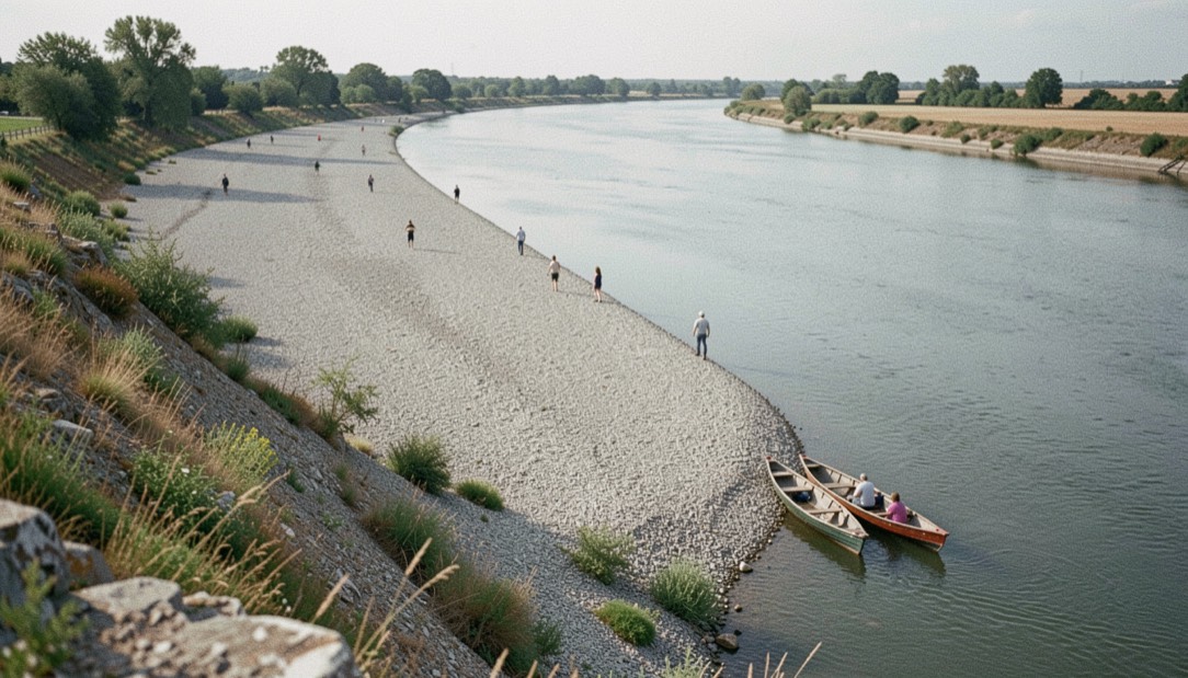 Long gravel bar seen from a high bank, small figures spaced along one seam of a wide river, two drift boats tied at the downstream end