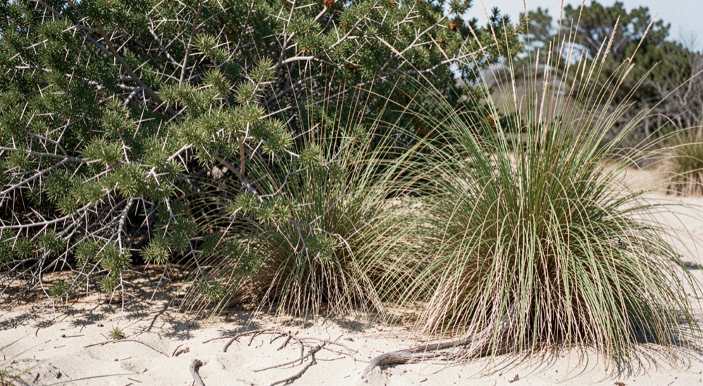 A clump of tall bunchgrass at the base of a low thorny shrub with bare sandy ground visible beneath the canopy, side light, no people in frame