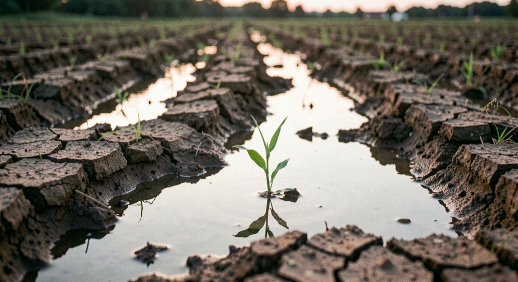 Standing water pooled in the ruts of a disked field at dusk, cracked mud drying at the edges, a green shoot coming through in the foreground