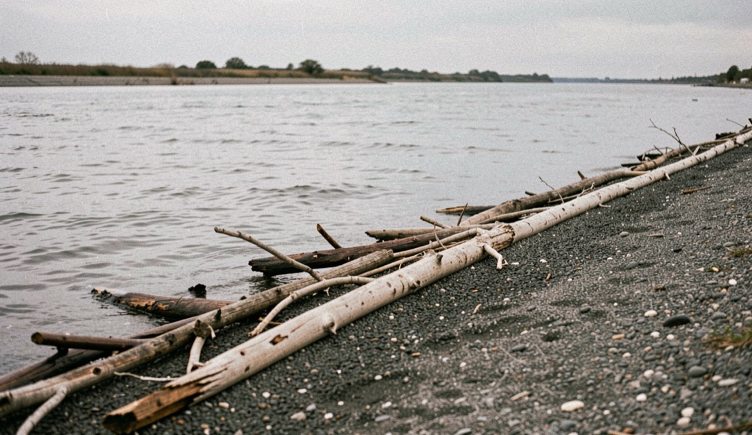 Slack water at a wide river mouth with driftwood aligned in a neat row along the tide line drawn clean across the gravel, low grey sky