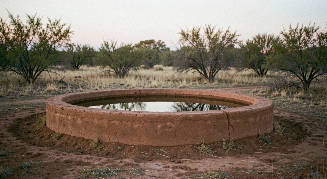 A round earthen stock tank in open mesquite pasture at dusk, bare trampled mud margin around still water, low thornscrub standing back from the shore, no buildings, pale evening sky