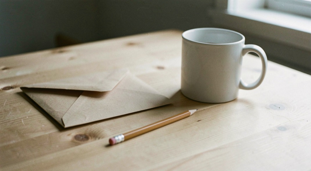 A closed paper envelope and a short pencil lying on a bare pine table beside a plain white mug, soft window light from the right
